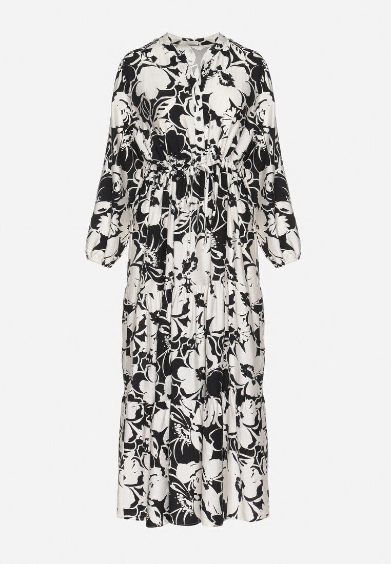 m&d fashion Rochie Evazată Neagră din Viscoză cu croi tip cămașă cu Imprimeu Floral Ridisiana