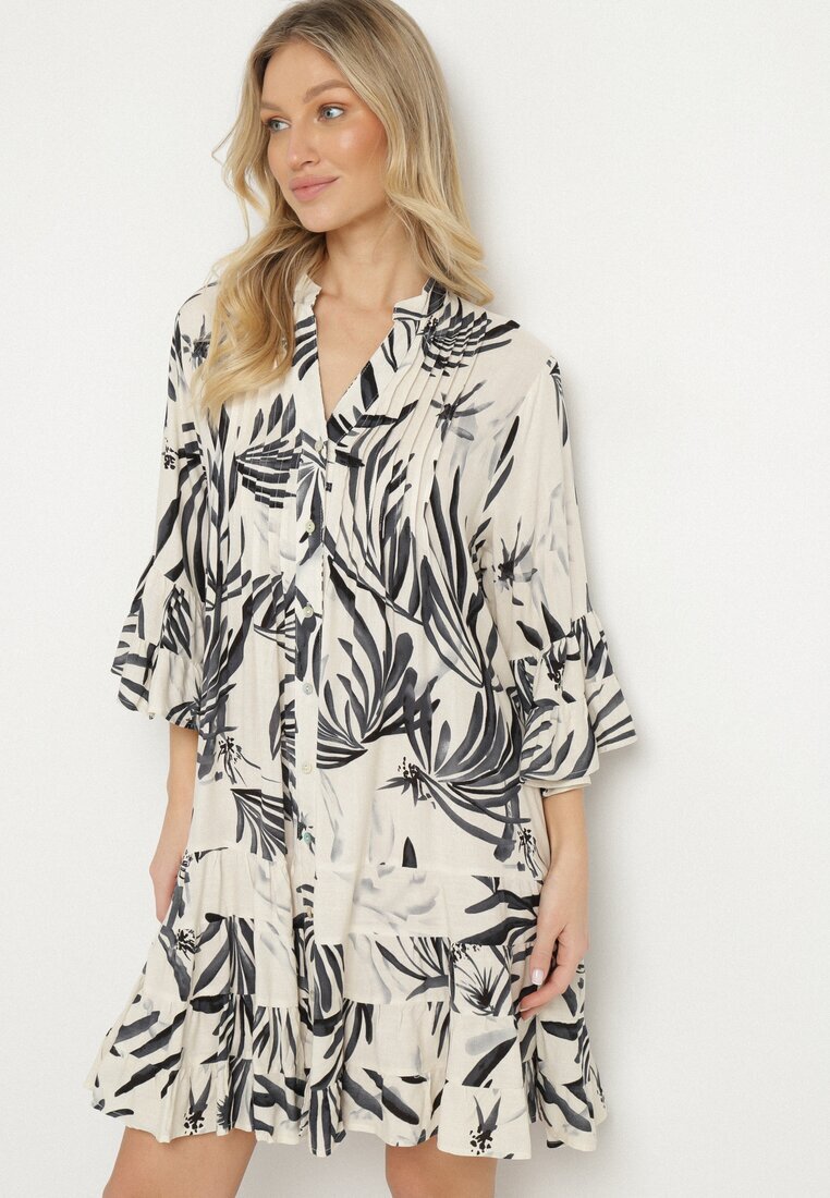 m&d fashion Rochie Gri închis din Viscoză cu croială evazată cu volane cu imprimeu floral Ridiara