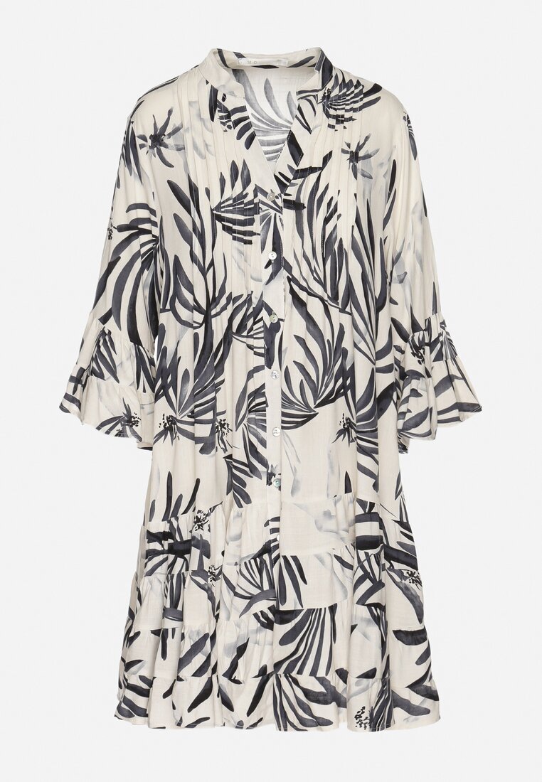 m&d fashion Rochie Gri închis din Viscoză cu croială evazată cu volane cu imprimeu floral Ridiara