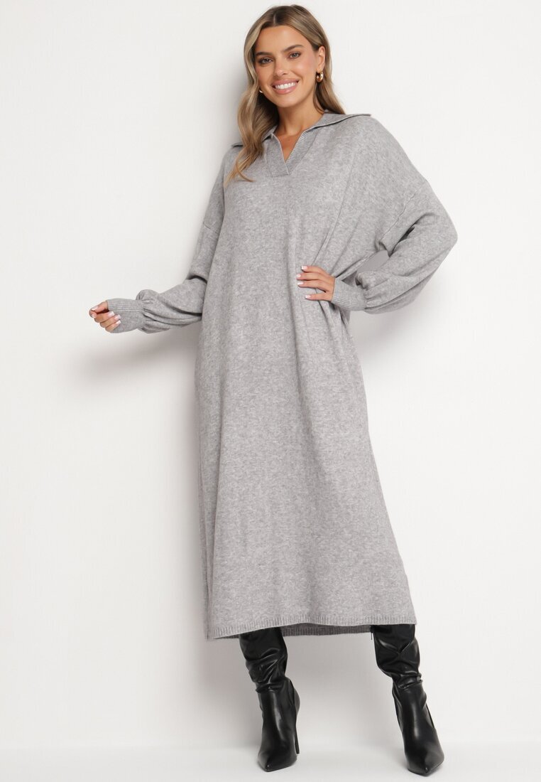 m&d fashion Rochie Gri model cutie tip pulover din Vâscoză cu Mâneci Largi și Guler Rinfera