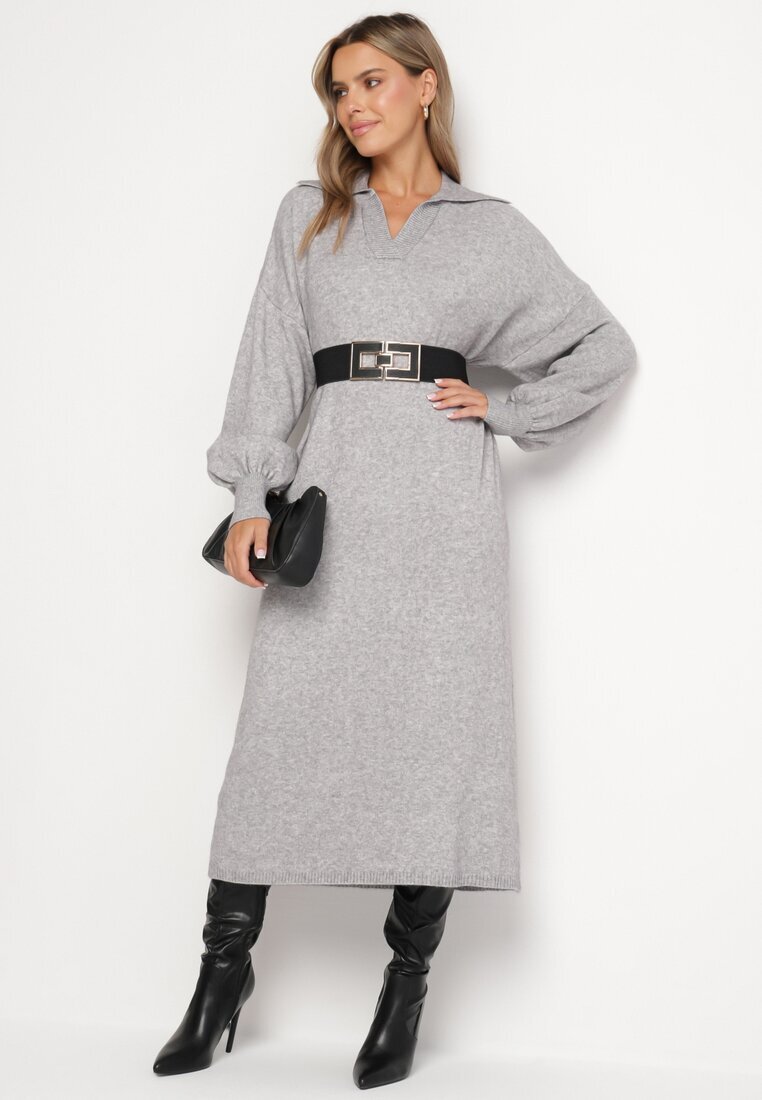 m&d fashion Rochie Gri model cutie tip pulover din Vâscoză cu Mâneci Largi și Guler Rinfera