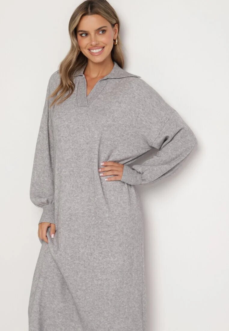 m&d fashion Rochie Gri model cutie tip pulover din Vâscoză cu Mâneci Largi și Guler Rinfera
