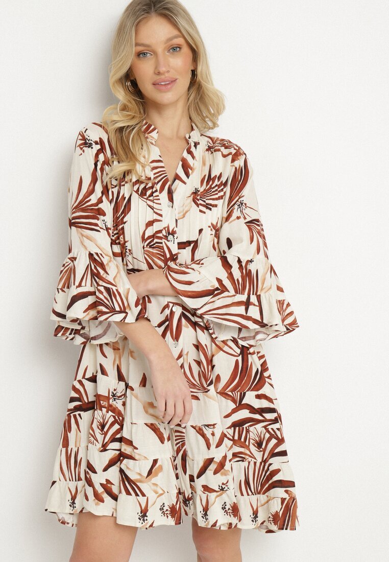 m&d fashion Rochie Maro din Viscoză cu Croi Evazat cu Volane cu Imprimeu Floral Ridiara