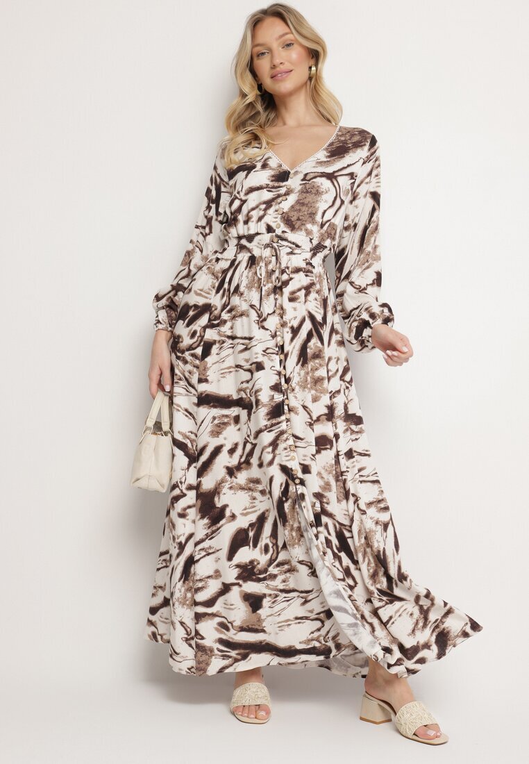 m&d fashion Rochie Maro din Viscoză cu Imprimeu Abstract cu Elastic în Talie și Decolteu în V Arpio