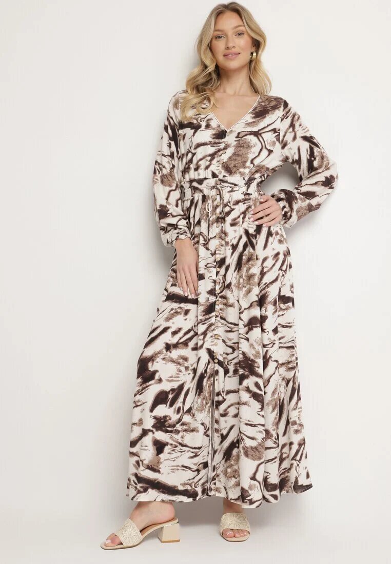 m&d fashion Rochie Maro din Viscoză cu Imprimeu Abstract cu Elastic în Talie și Decolteu în V Arpio