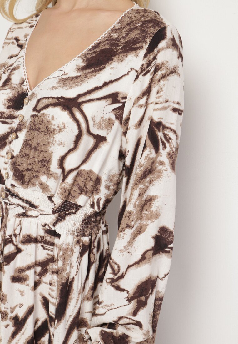m&d fashion Rochie Maro din Viscoză cu Imprimeu Abstract cu Elastic în Talie și Decolteu în V Arpio