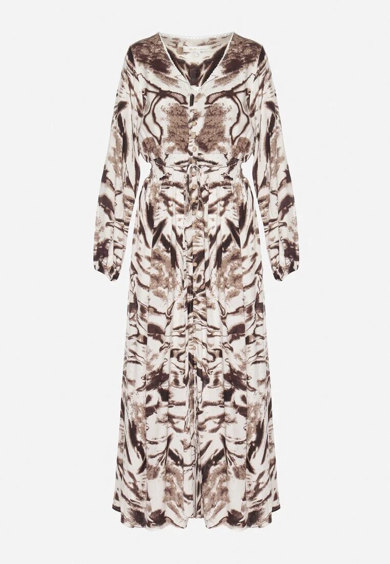 m&d fashion Rochie Maro din Viscoză cu Imprimeu Abstract cu Elastic în Talie și Decolteu în V Arpio