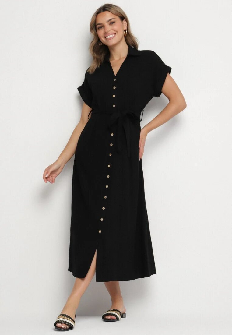 m&d fashion Rochie Neagră din Bumbac cu Croială Tip Cămașă cu Cordon Legat Elanitiela