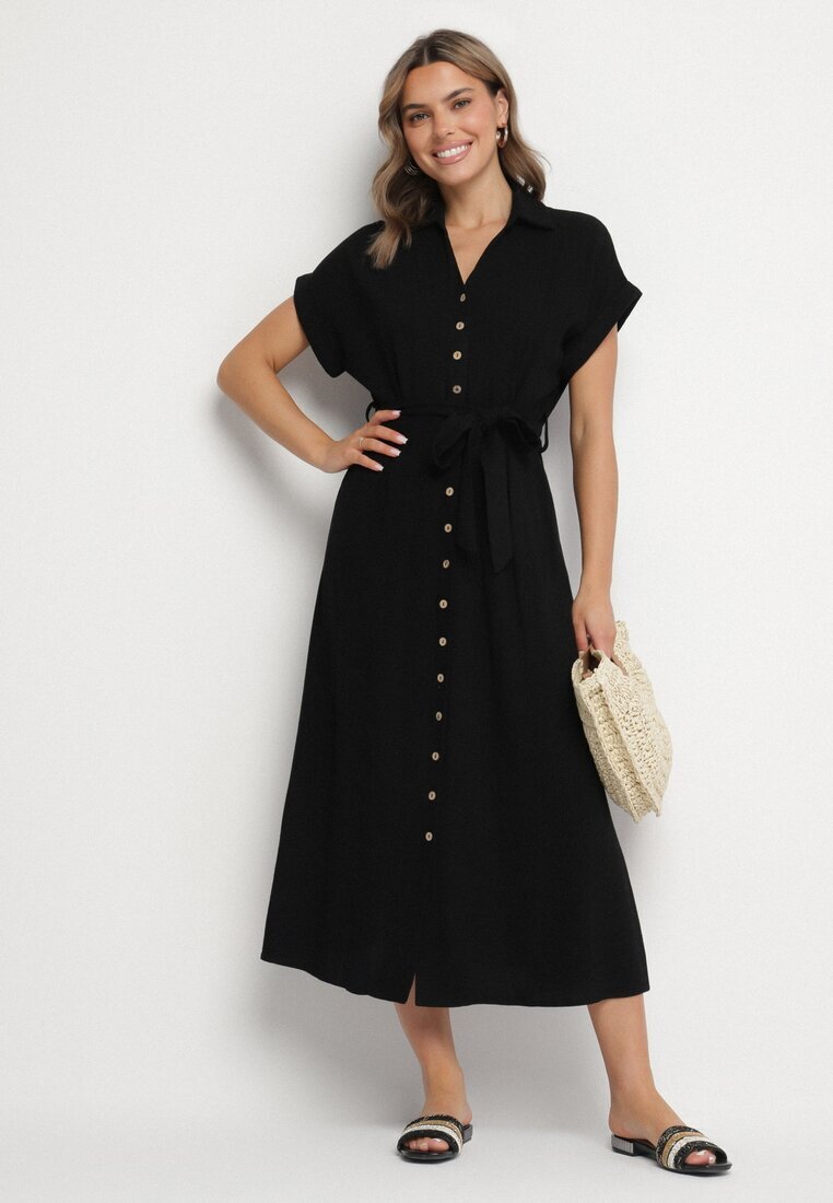 m&d fashion Rochie Neagră din Bumbac cu Croială Tip Cămașă cu Cordon Legat Elanitiela