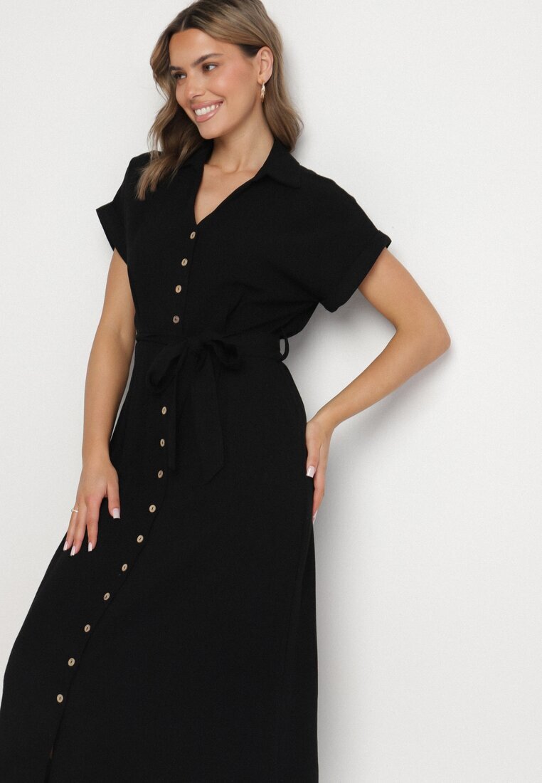 m&d fashion Rochie Neagră din Bumbac cu Croială Tip Cămașă cu Cordon Legat Elanitiela