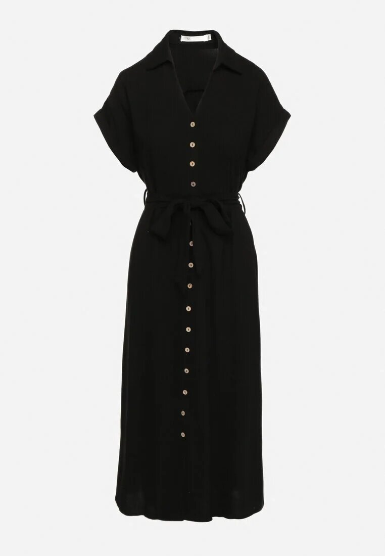 m&d fashion Rochie Neagră din Bumbac cu Croială Tip Cămașă cu Cordon Legat Elanitiela