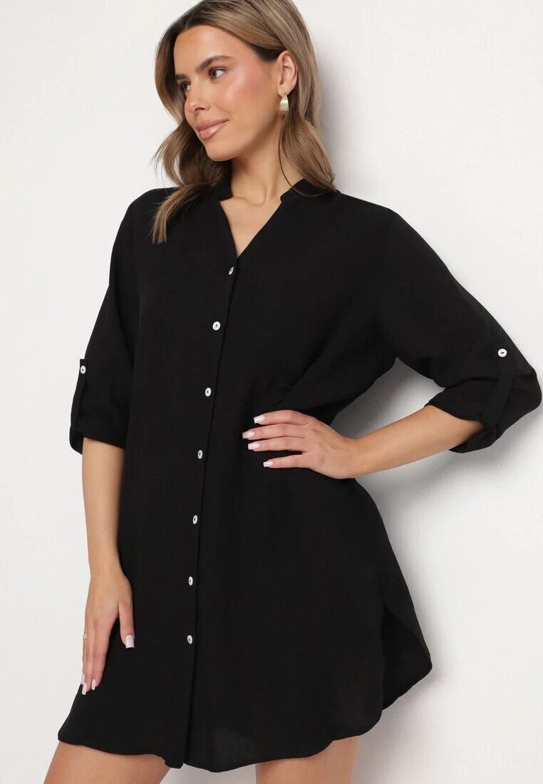 m&d fashion Rochie Neagră Oversize din Bumbac cu Croială Simplă Tip Cămașă Elanistra