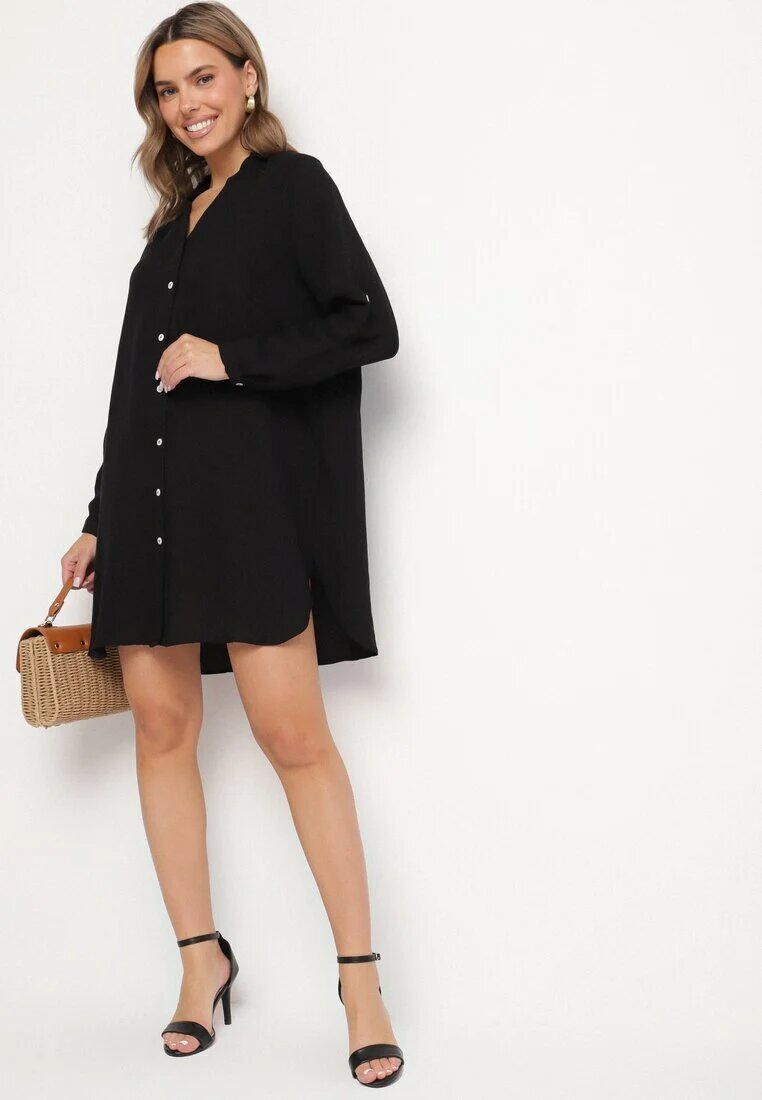 m&d fashion Rochie Neagră Oversize din Bumbac cu Croială Simplă Tip Cămașă Elanistra