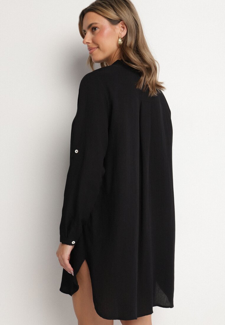 m&d fashion Rochie Neagră Oversize din Bumbac cu Croială Simplă Tip Cămașă Elanistra