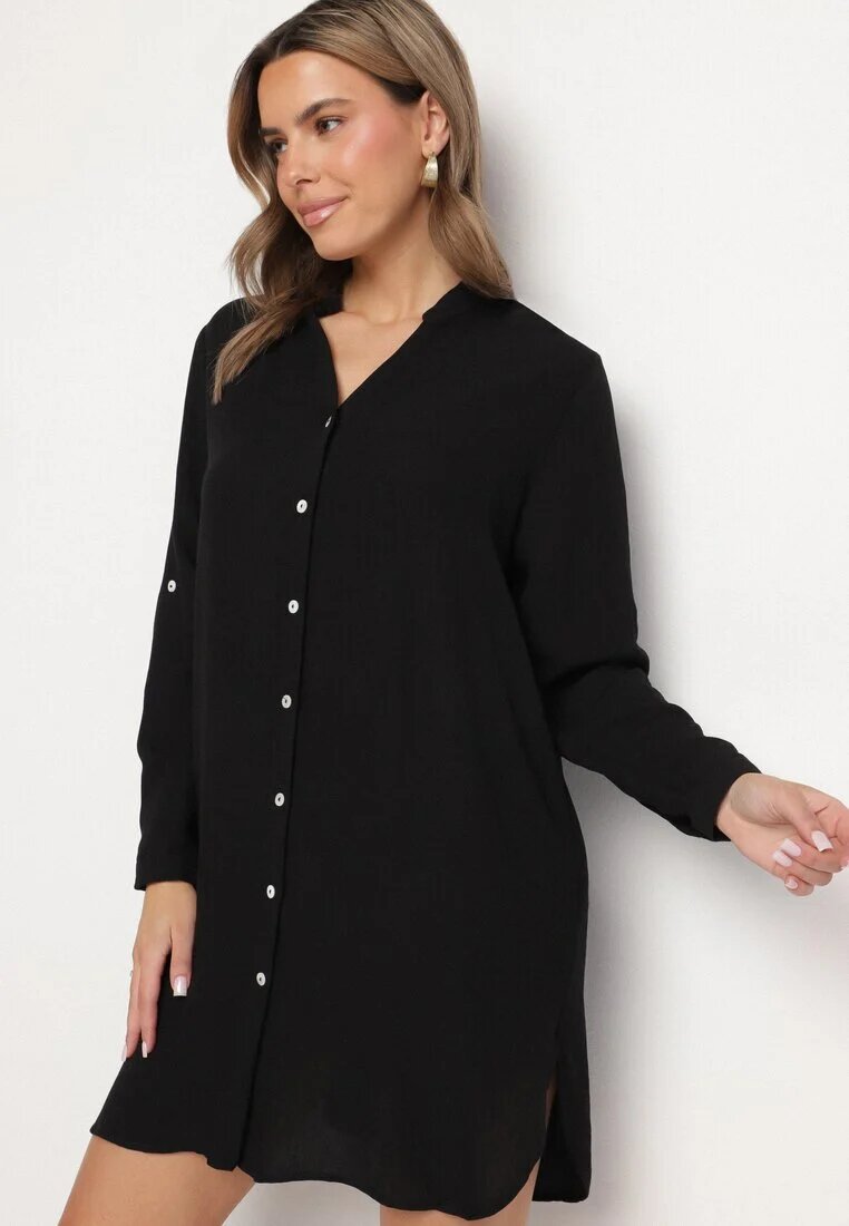 m&d fashion Rochie Neagră Oversize din Bumbac cu Croială Simplă Tip Cămașă Elanistra