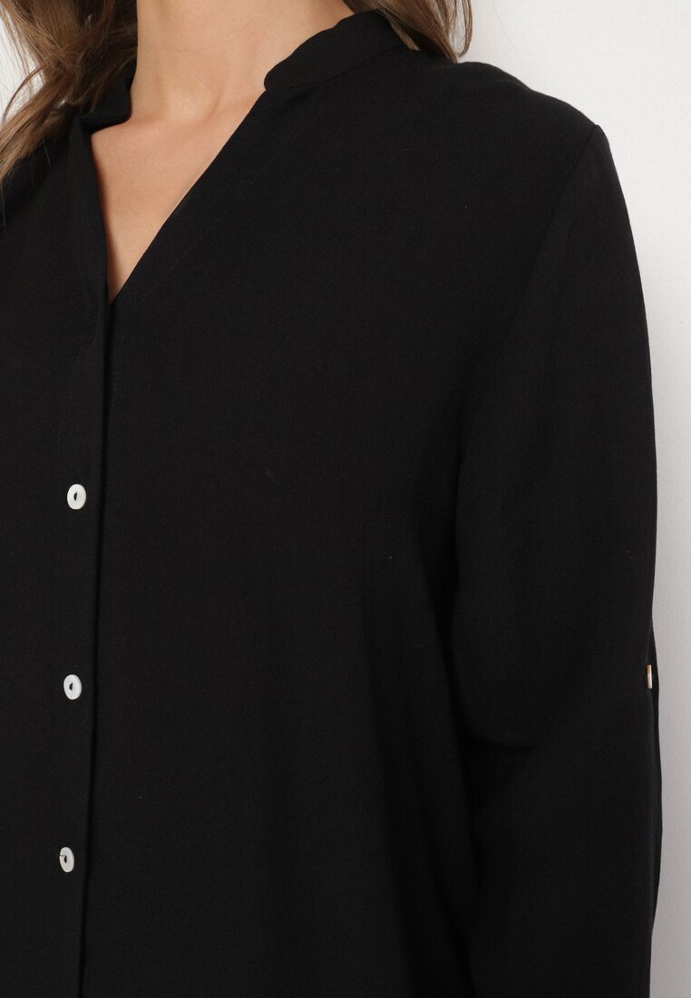 m&d fashion Rochie Neagră Oversize din Bumbac cu Croială Simplă Tip Cămașă Elanistra