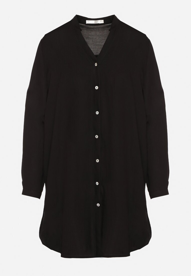 m&d fashion Rochie Neagră Oversize din Bumbac cu Croială Simplă Tip Cămașă Elanistra