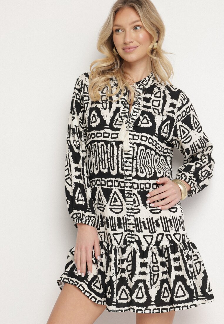 m&d fashion Rochie neagră vâscoză cu model etnic croi evazat și legătură Nalpio