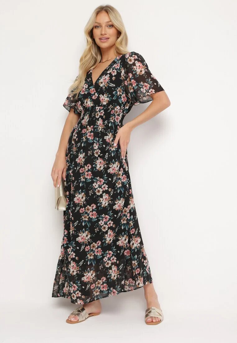 m&d fashion Rochie Negru-Roz cu Mânecă Scurtă și Elastic în Talie Legată la Spate cu Fir Metalic Virissa