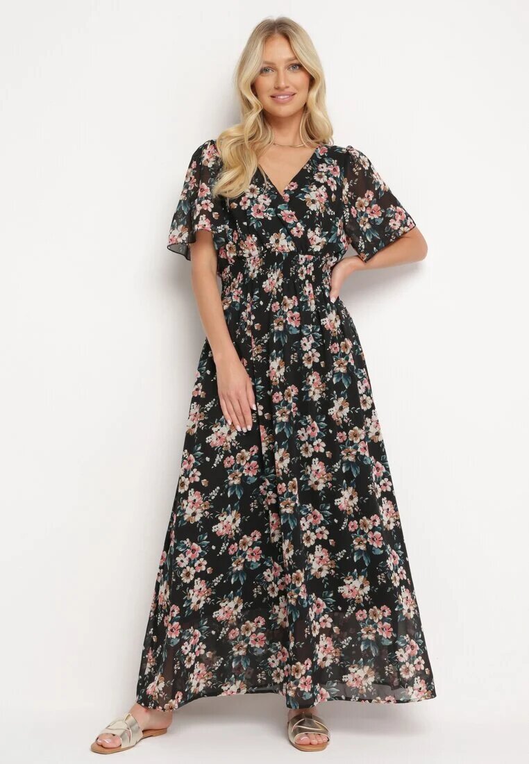 m&d fashion Rochie Negru-Roz cu Mânecă Scurtă și Elastic în Talie Legată la Spate cu Fir Metalic Virissa