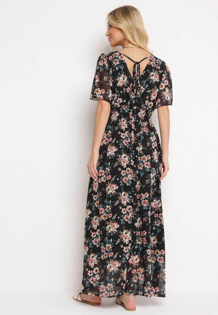 m&d fashion Rochie Negru-Roz cu Mânecă Scurtă și Elastic în Talie Legată la Spate cu Fir Metalic Virissa