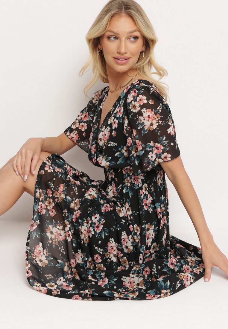 m&d fashion Rochie Negru-Roz cu Mânecă Scurtă și Elastic în Talie Legată la Spate cu Fir Metalic Virissa