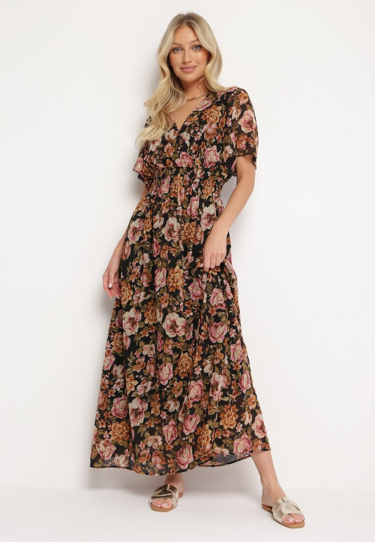 m&d fashion Rochie petrecută neagră și bej cu elastic în talie legată la spate decorată cu fir metalic Eollas
