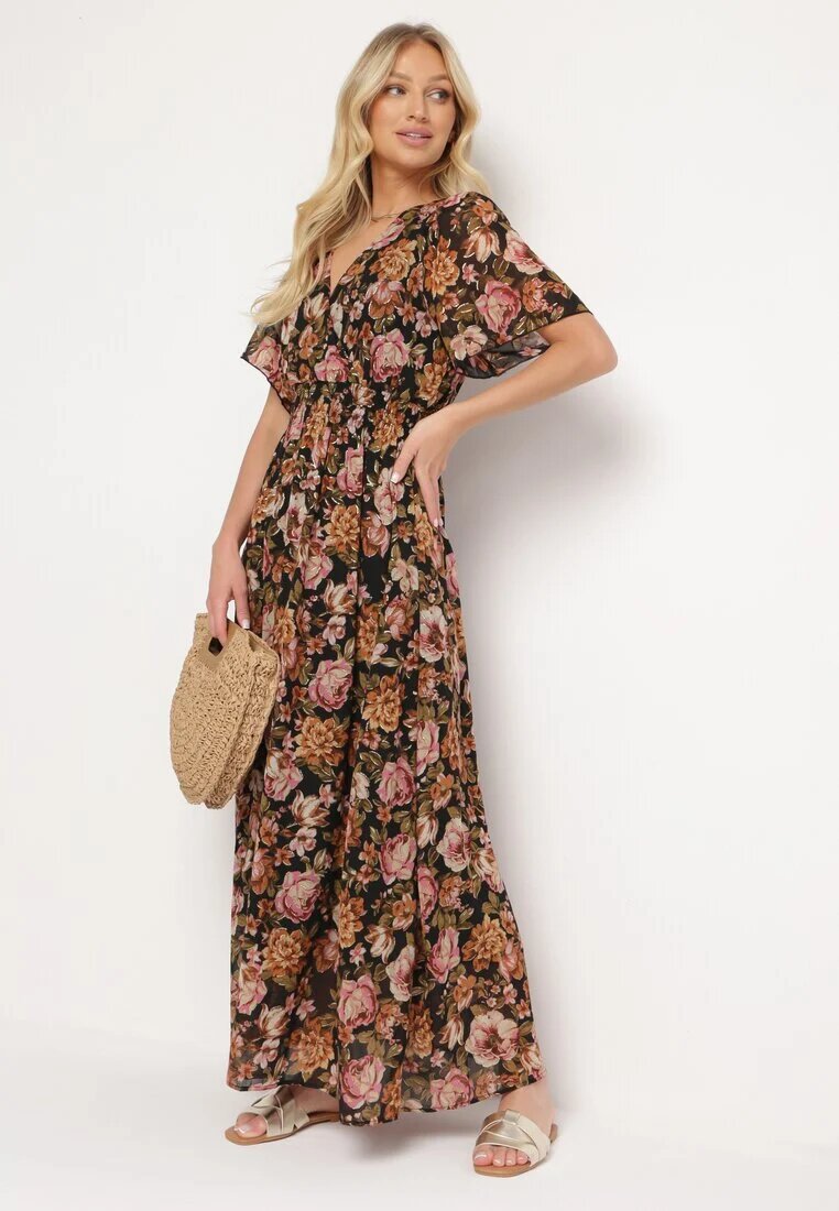 m&d fashion Rochie petrecută neagră și bej cu elastic în talie legată la spate decorată cu fir metalic Eollas