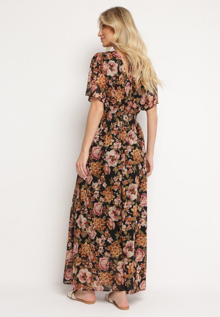 m&d fashion Rochie petrecută neagră și bej cu elastic în talie legată la spate decorată cu fir metalic Eollas