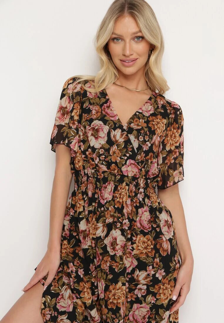 m&d fashion Rochie petrecută neagră și bej cu elastic în talie legată la spate decorată cu fir metalic Eollas