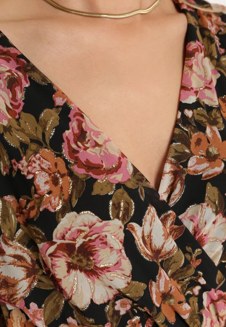 m&d fashion Rochie petrecută neagră și bej cu elastic în talie legată la spate decorată cu fir metalic Eollas