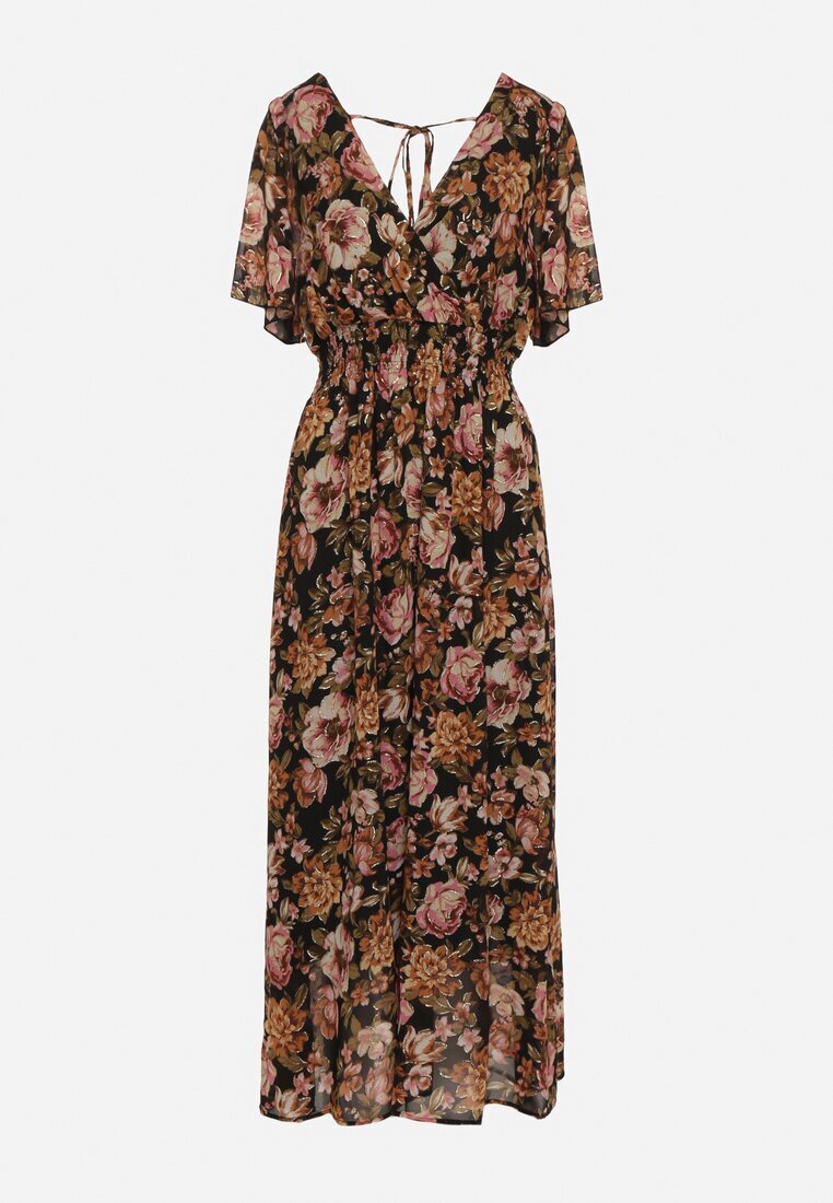 m&d fashion Rochie petrecută neagră și bej cu elastic în talie legată la spate decorată cu fir metalic Eollas