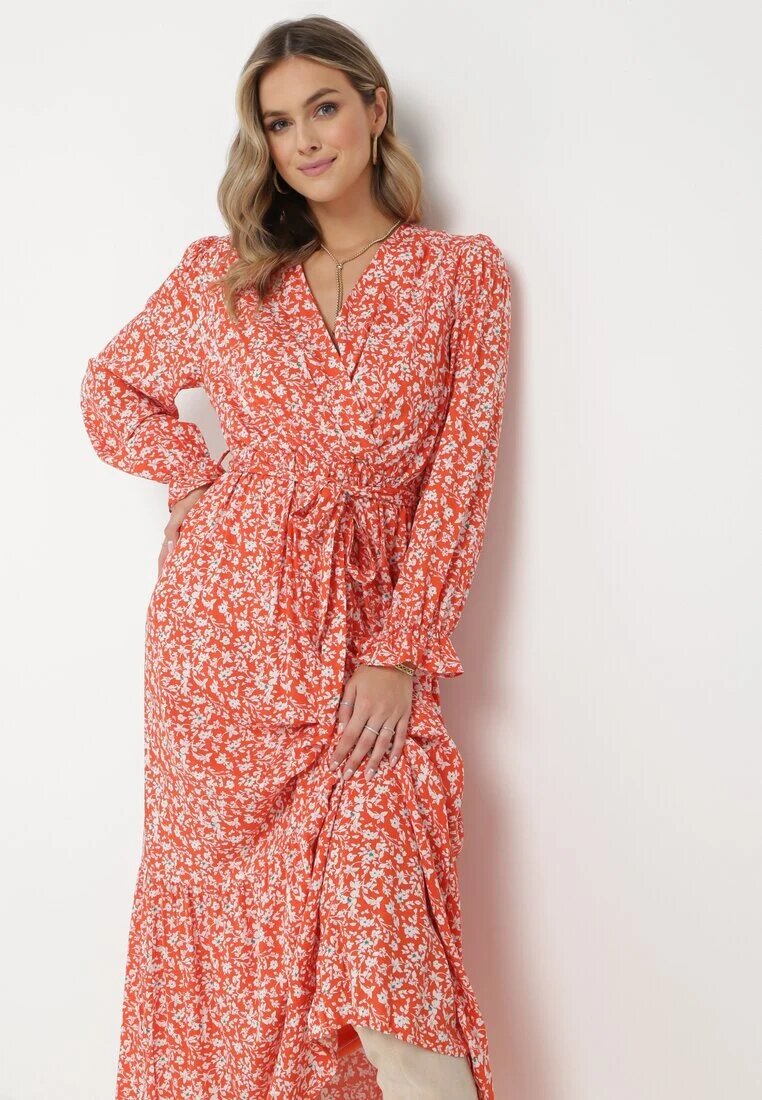 m&d fashion Rochie portocalie Maxi din viscoză cu curea legată Maridia
