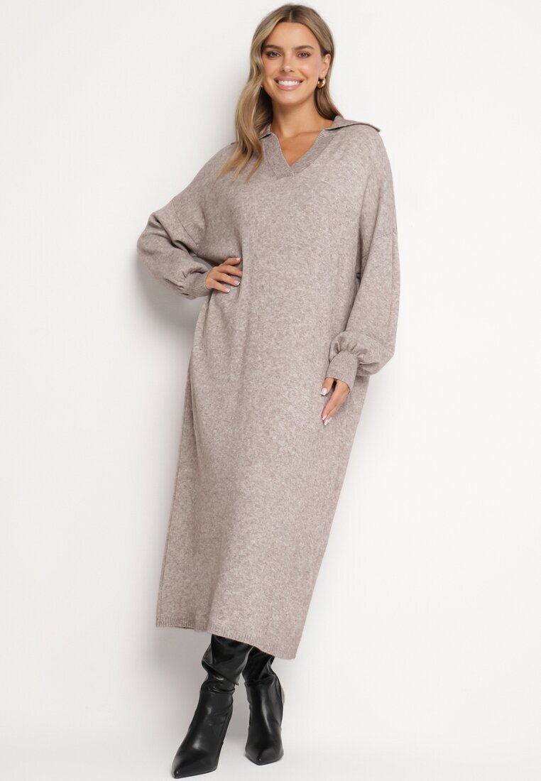 m&d fashion Rochie pulover bej croi drept din viscoză cu mâneci largi și guler Rinfera