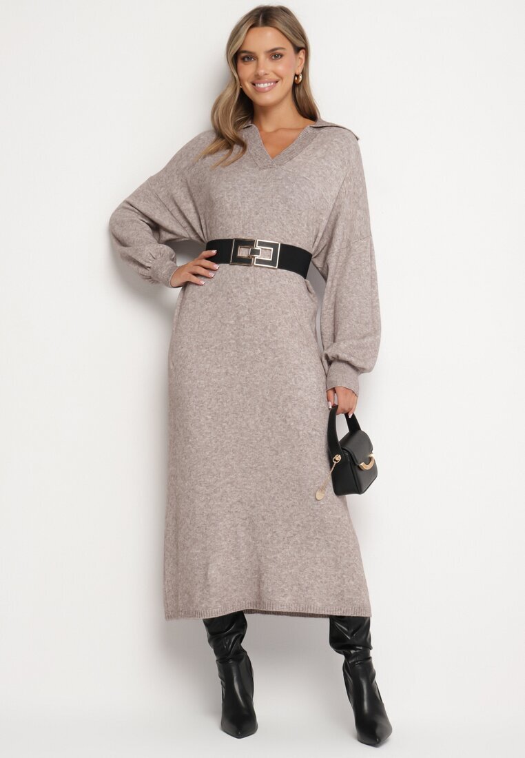 m&d fashion Rochie pulover bej croi drept din viscoză cu mâneci largi și guler Rinfera