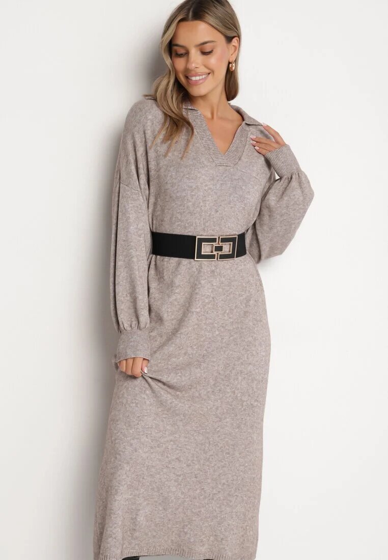 m&d fashion Rochie pulover bej croi drept din viscoză cu mâneci largi și guler Rinfera