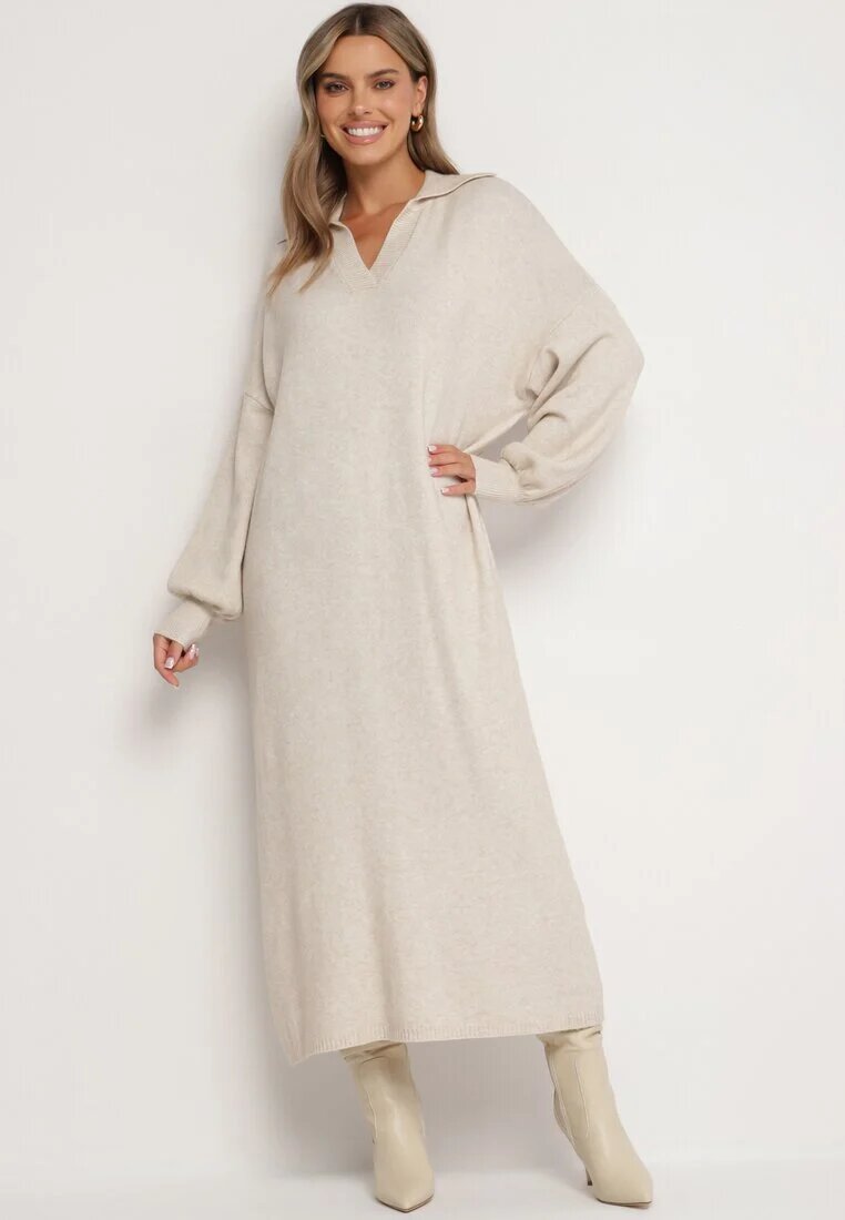 m&d fashion Rochie pulover bej deschis croială largă din viscoză cu mâneci largi și guler Rinfera