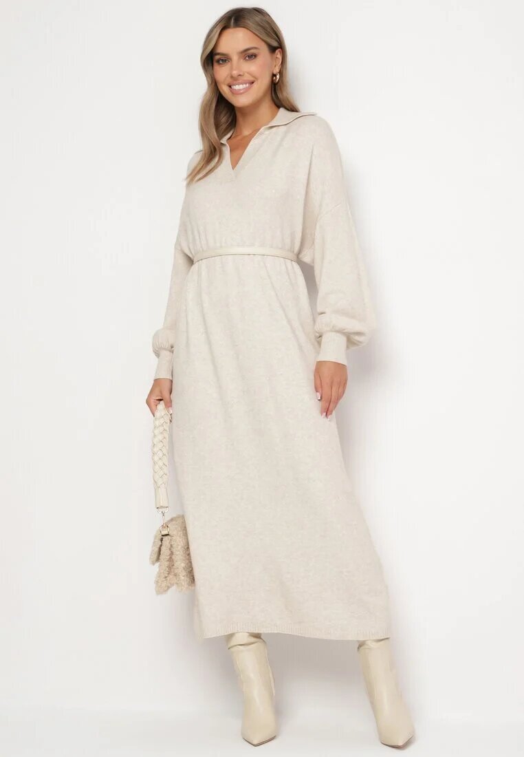 m&d fashion Rochie pulover bej deschis croială largă din viscoză cu mâneci largi și guler Rinfera