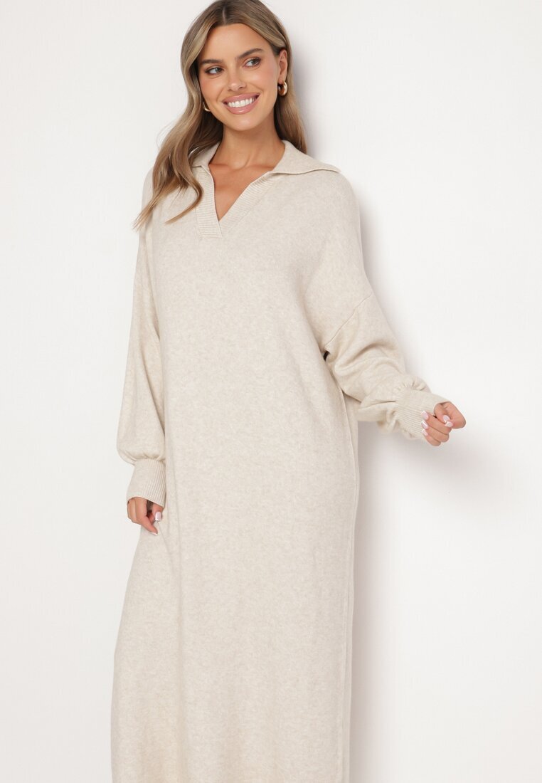 m&d fashion Rochie pulover bej deschis croială largă din viscoză cu mâneci largi și guler Rinfera