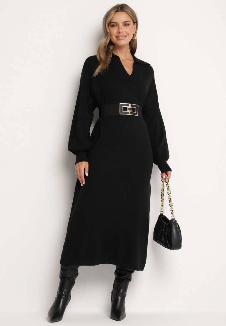 m&d fashion Rochie Pulover Neagră croială dreaptă cu vâscoză mâneci largi și guler Rinfera