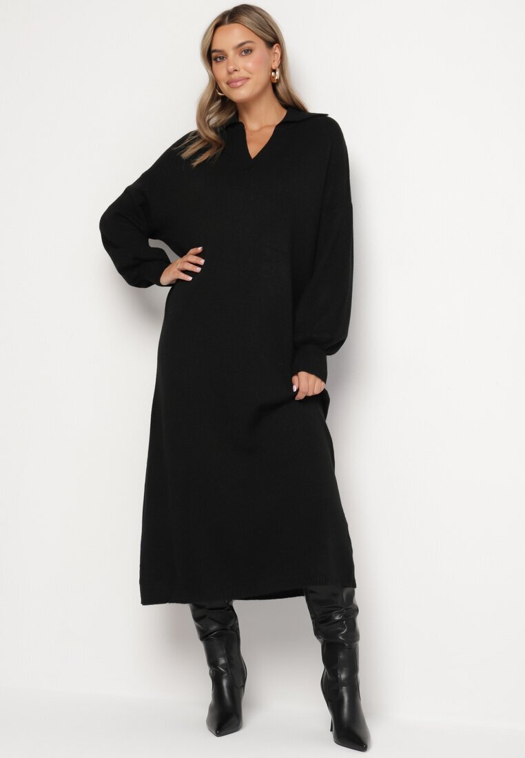 m&d fashion Rochie Pulover Neagră croială dreaptă cu vâscoză mâneci largi și guler Rinfera