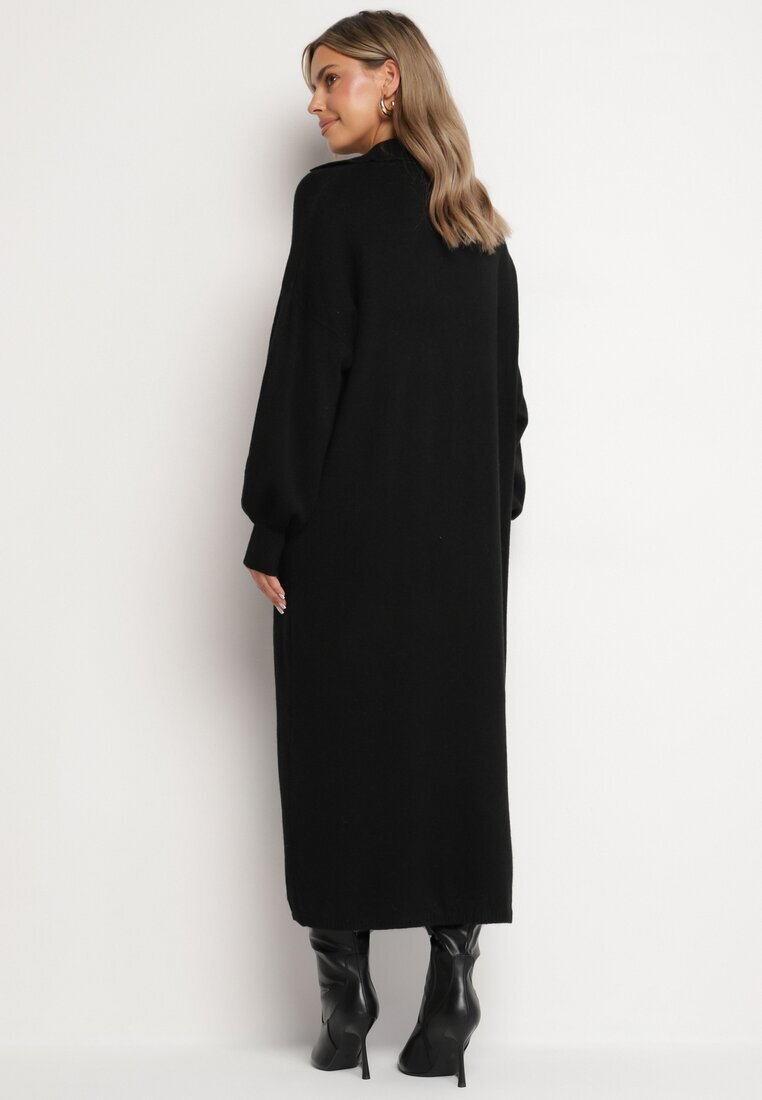 m&d fashion Rochie Pulover Neagră croială dreaptă cu vâscoză mâneci largi și guler Rinfera