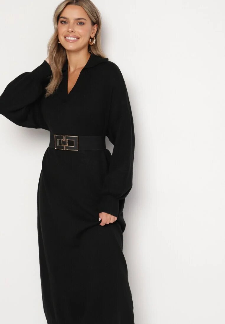 m&d fashion Rochie Pulover Neagră croială dreaptă cu vâscoză mâneci largi și guler Rinfera