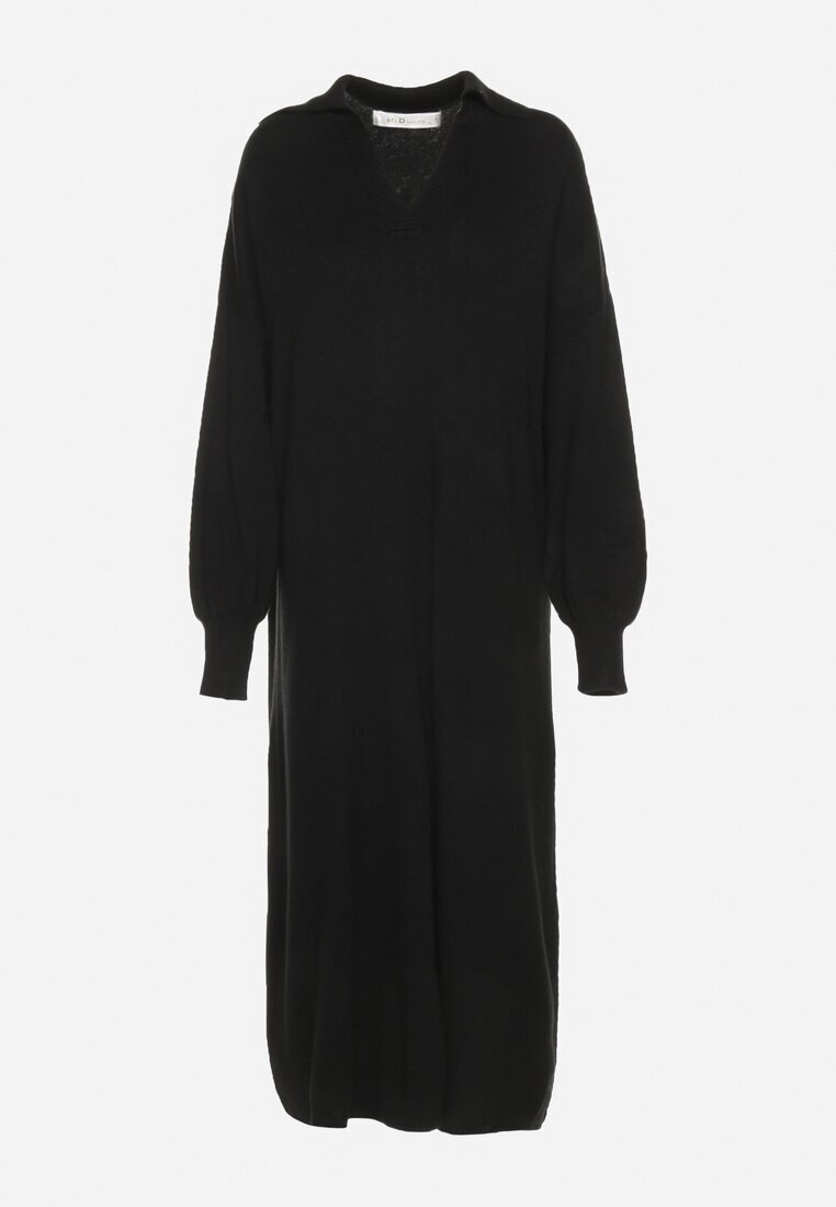m&d fashion Rochie Pulover Neagră croială dreaptă cu vâscoză mâneci largi și guler Rinfera