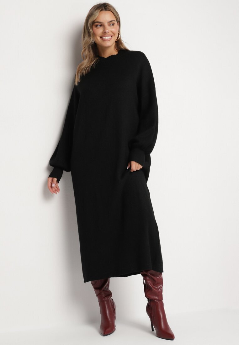 m&d fashion Rochie Pulover Neagră cu Guler semi-înalt și Viscoză cu Croială boxy Salithra