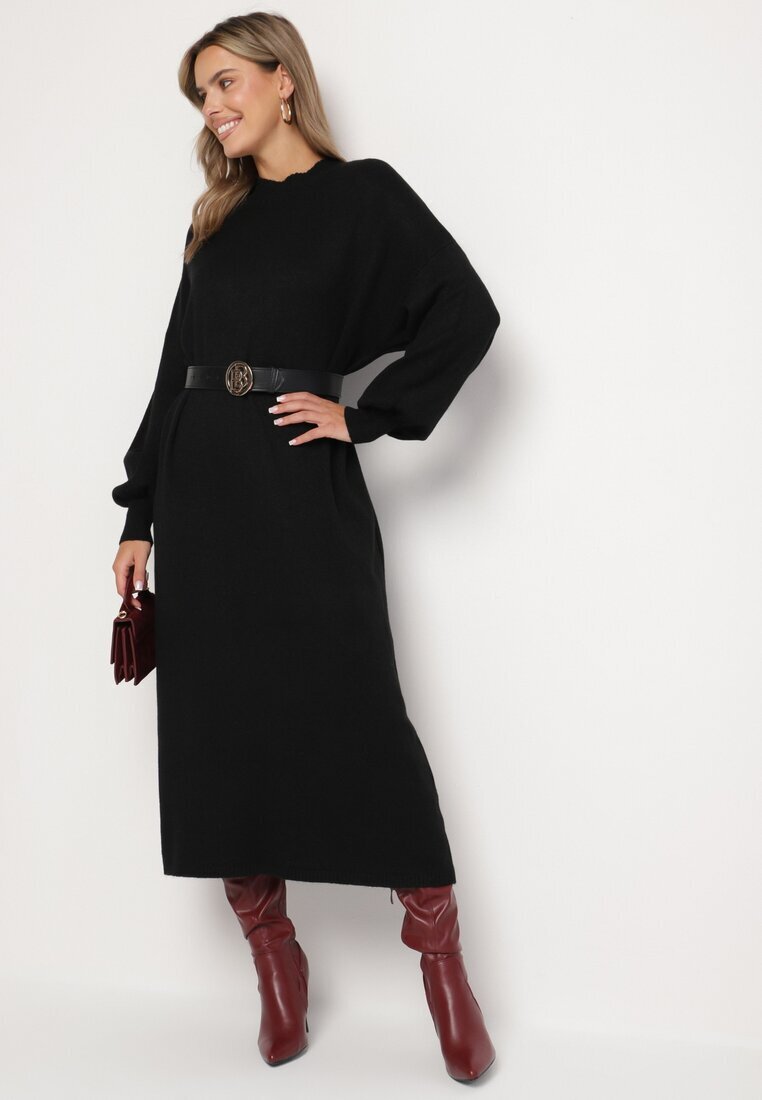 m&d fashion Rochie Pulover Neagră cu Guler semi-înalt și Viscoză cu Croială boxy Salithra