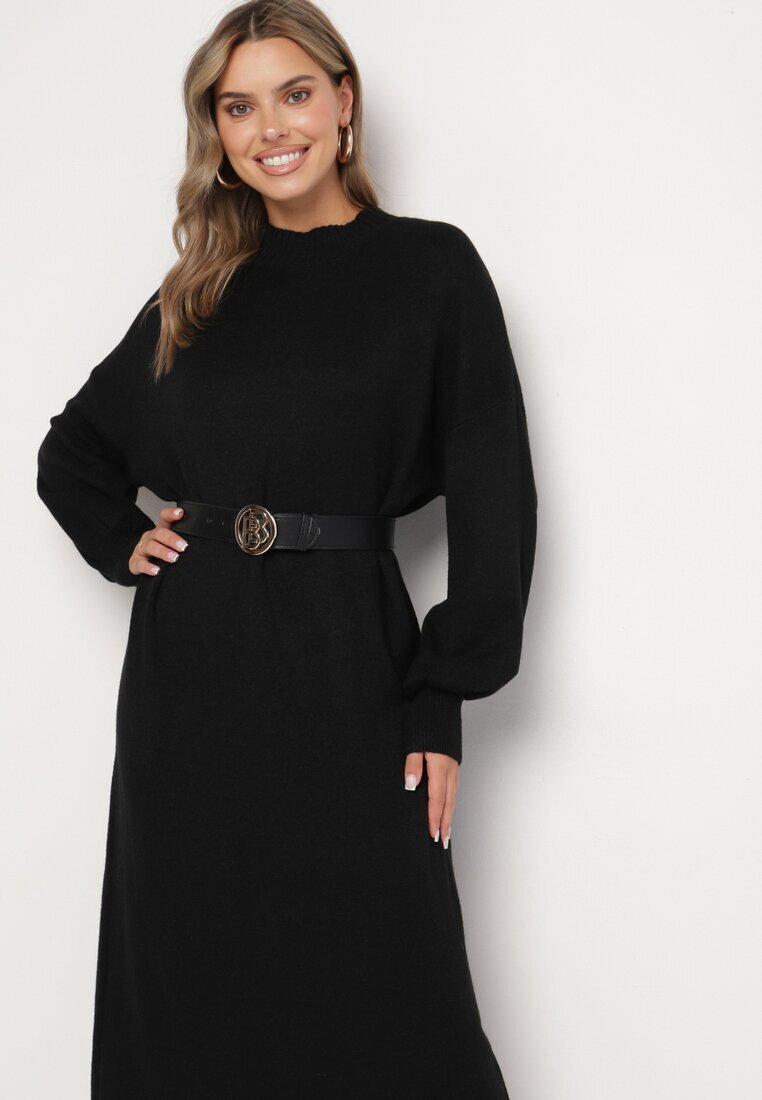m&d fashion Rochie Pulover Neagră cu Guler semi-înalt și Viscoză cu Croială boxy Salithra