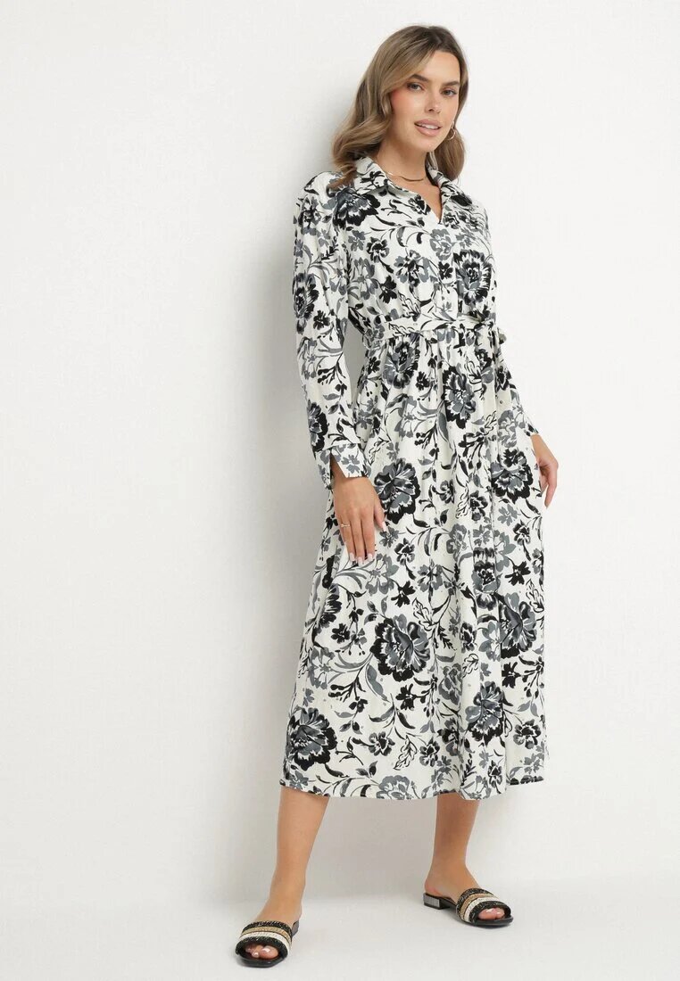 m&d fashion Rochie tip cămașă Albastră din Viscoză cu imprimeu floral cu cordon de legat Lorkia
