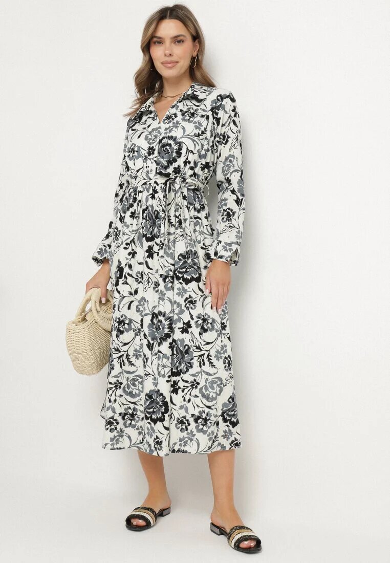 m&d fashion Rochie tip cămașă Albastră din Viscoză cu imprimeu floral cu cordon de legat Lorkia