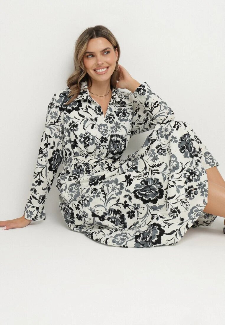 m&d fashion Rochie tip cămașă Albastră din Viscoză cu imprimeu floral cu cordon de legat Lorkia